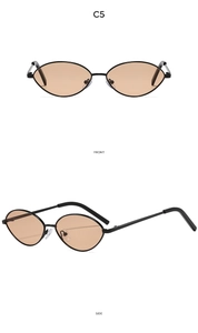 Front and side views of vintage metal oval sunglasses in black frame with tea lenses