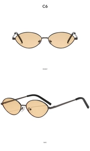 Front and side view of vintage metal oval sunglasses with amber lenses and black ear tips