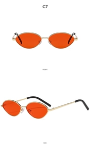 Detailed front and side views of vintage oval gold metal sunglasses with orange lenses
