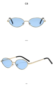 Detailed front and side views of gold oval sunglasses with light blue lenses