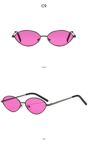 Front and side views of vintage oval pink sunglasses with dark metal frame and black temples