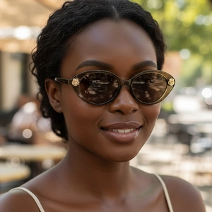 Lunettes de soleil œil de chat pour femmes avec monture marron et fleur dorée chic