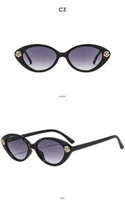 Vues de face et de côté de lunettes œil-de-chat noires avec roses dorées et verres dégradés