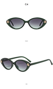 Vues détaillées de face et de profil de lunettes œil-de-chat vert foncé à détails de roses