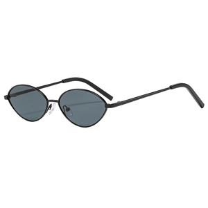 Vintage oval metal sunglasses with dark grey lenses and black minimalist frames