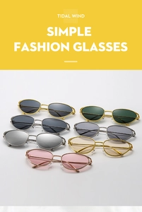 Multiple styles of metal oval frame sunglasses displayed in various lens colors