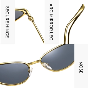 Detail view of gold metal frame sunglasses featuring secure hinges and arc mirror legs