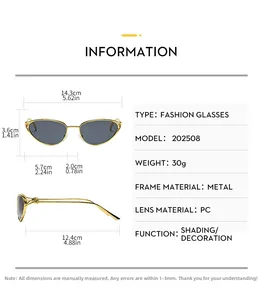 Detailed technical diagram of cat-eye sunglasses with precise frame dimensions in cm
