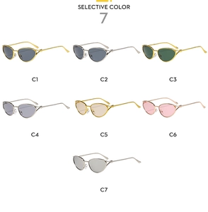 Collection of seven colorful oval cat-eye sunglasses with thin metal frames in a grid layout
