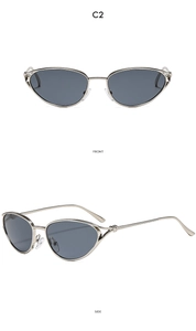 Front and side views of luxury metal oval cat eye sunglasses with silver frames and gray lenses