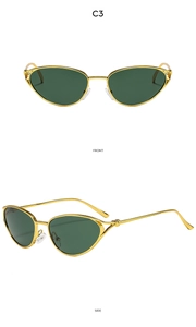 Detailed front and side views of vintage cat eye sunglasses with gold frames and green lenses