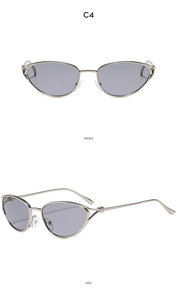 Front and side view of silver metal cat-eye sunglasses with grey lenses, model C4