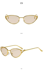 Front and side view of gold metal cat-eye sunglasses with gradient brown lenses