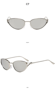 Front and side view of silver metal cat-eye sunglasses with oval grey lenses