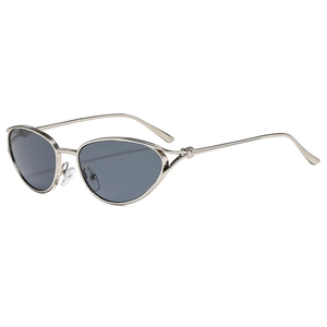 Retro cat-eye metal sunglasses with deep gray lenses and twisted temple design in gold finish
