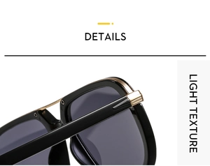 Detail view of square pilot sunglasses with luxury gold metal trim on the bridge and frame