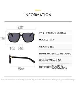 Detailed size chart for pilot sunglasses featuring frame dimensions and metal hinge specs