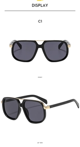Front and 45-degree side view of black pilot sunglasses with golden double bridge