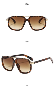 Front and side views of tortoise shell aviator sunglasses with gold metal bridge and hinges