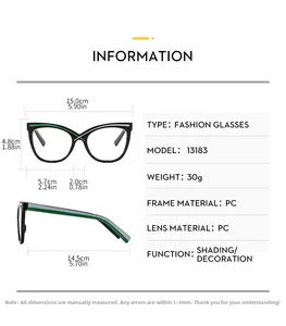 Detaillierte Größentabelle der Cat-Eye-Brille mit Abmessungen und 30 g Gewichtsangabe