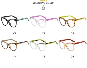 Auswahl von sechs Retro-Cat-Eye-Brillengestellen in verschiedenen modischen Farben