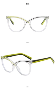 Vorder- und Seitenansicht modischer Cat-Eye-Brillengestelle in Neongrün und Schwarz-Kontrast
