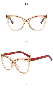 Front- und Seitenansicht der Cat-Eye-Blaulichtbrille mit bernstein-rotem Zweiton-Rahmen