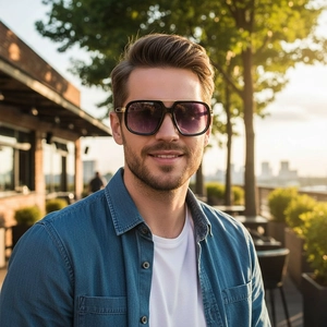 Classic double-bridge pilot sunglasses with black frame and purple gradient lenses for men