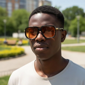 Classic double-bridge aviator sunglasses with black and gold frames and amber gradient lenses