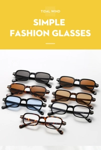 Detail of vintage square sunglasses frames in multiple colors and temple size engraving