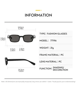 Size chart for retro square sunglasses showing detailed PC frame dimensions and weight specs