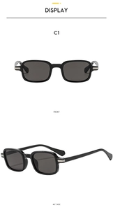 Front and side views of vintage black square sunglasses with silver temple details