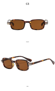 Front and side views of tortoise shell rectangle sunglasses with gold temple accents