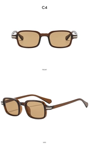 Detail view of vintage square sunglasses with tortoiseshell frames and metal accents