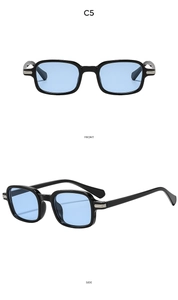 Detailed front and side views of vintage square sunglasses with blue lenses and silver studs