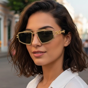 Luxury square metal frame sunglasses with hollow carved temples and gold double-bridge