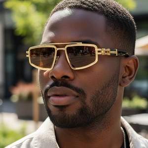 Fashionable men's rectangular hollow metal sunglasses with brown lenses and golden frame