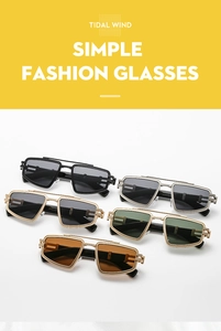 Detail view of square metal sunglasses in multiple colors and vintage hollow frame design