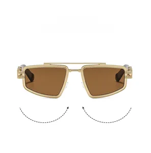 Close-up of geometric hollow metal frame and tinted lenses on fashion sunglasses