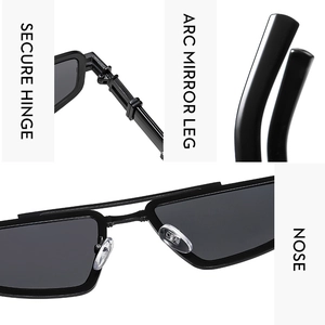 Detail view of square sunglasses featuring secure metal hinges and arc temple design