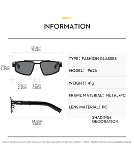 Detailed size chart for square frame sunglasses with metal and PC composite material