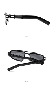 Side and back views of square hollow frame sunglasses with industrial metal temple details