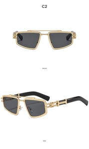 Detailed front and side view of gold square metal sunglasses with dark grey lenses