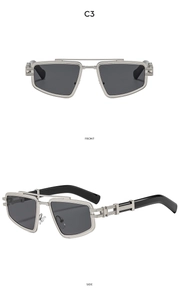 Detail view of silver industrial sunglasses with geometric metal frame and grey lenses