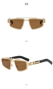 Detailed front and side views of gold square hollow metal sunglasses with brown lenses