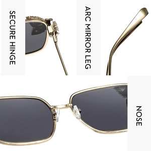 Detailed close-up of secure hinges and crystal embellishments on gold metal sunglasses