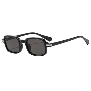 Classic black square frame sunglasses with dark grey lenses and silver stripe details