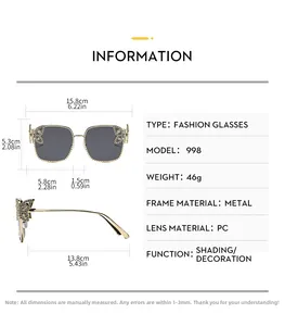 Detailed size specifications for gold butterfly sunglasses with lens and frame dimensions