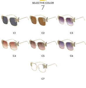 Showcase of seven color variants for butterfly rhinestone square frame sunglasses
