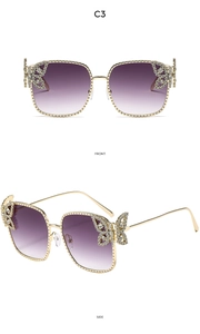Detailed front and side views of square metal sunglasses with crystal butterfly motifs
